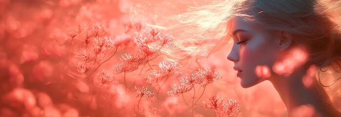 Enchanting Portrait of a Woman Surrounded by the Alluring Blooms of a Floral Garden Evoking a Dreamlike and Serene Atmosphere