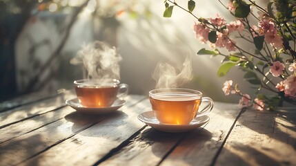 A couple of steaming cups of tea sitting on a weathered wooden table, with a delicate floral arrangement in the background, evoking a sense of peacefulness and comfort