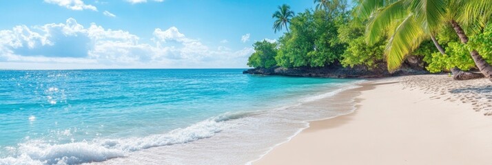 Obraz premium Gorgeous beach with waves of blue ocean and an abundance of greenery on a sunny,bright day