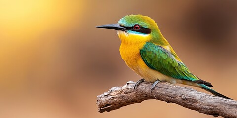 Fototapeta premium A colorful bird with green and yellow plumage perches on a branch, its red eye contrasting against its vibrant feathers.