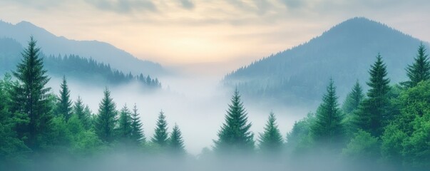Obraz premium misty mountain forest with pine tree landscape