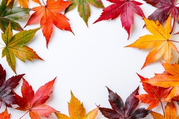 Fototapeta premium Autumn Maple Leaves Flat Lay White Background created with Generative AI