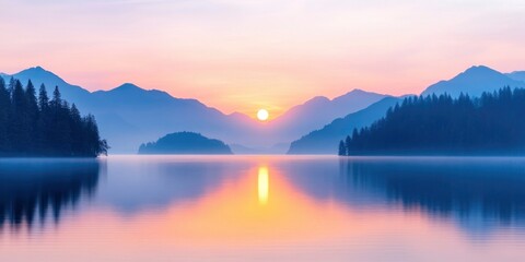 Fototapeta premium beautiful sunset over lake and mountains on background