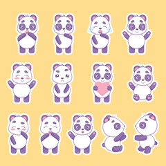 A large set of funny panda stickers with different emotions in kawaii style. Isolated vector illustration