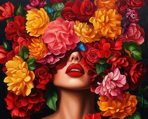 Naklejka premium Woman Surrounded by Luxurious Floral Arrangement in Vibrant Colors