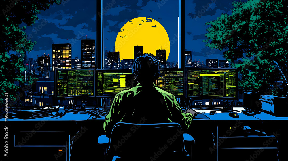 Poster a man sits at a computer desk in front of multiple monitors, looking out the window at a city skylin