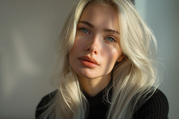 Naklejka premium Close up face of young attractive light blond hair woman with beautiful smile.