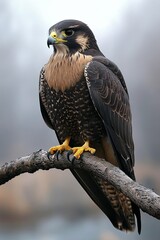 A peregrine falcon perches on a branch, with its sharp talons gripping the wood. The bird's feathers are dark brown and black, with some white spots.