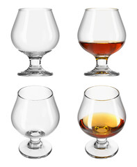 Cognac on transparent isolated background. Snifter glass. Set of empty glasses and with drink in different angles. Bar theme. 3d rendering.