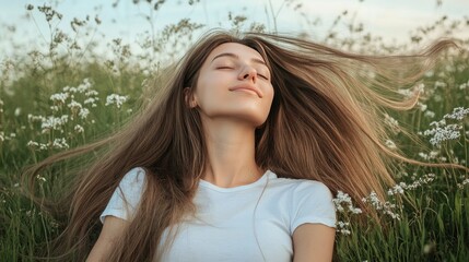 Fototapeta premium Relaxed long-haired woman in a serene outdoor setting, sitting in the grass with her hair spread around her, looking up at the sky.