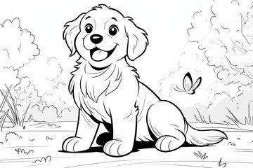 Obraz premium Puppy playing with butterfly line drawing, kids coloring pages, outline coloring pages illustrations
