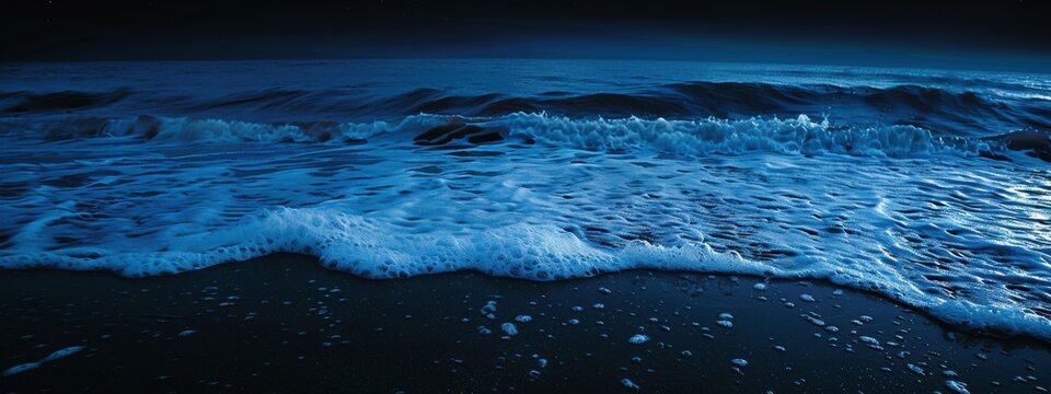 Dark blue sea with white foam on the beach at night.