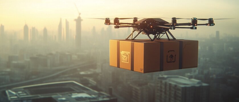 Aerial drone delivery systems, highlighting the streamlined coordination and execution of logistics missions