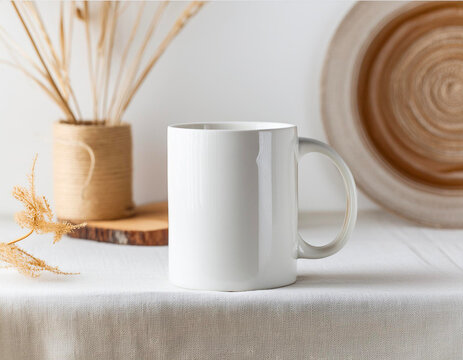 Mockup tasse vide blanche minimaliste sur une table en lin avec d&eacute;coration naturelle