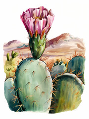 Obraz premium Watercolor cactus with blooming flower, isolated on white background