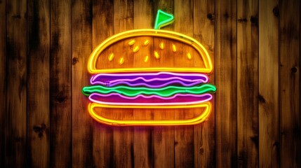 Neon burger sign with bright colors on a wooden wall background with horizontal planks