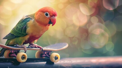 Naklejka premium A colorful parrot stands on a small skateboard against a blurred background of bokeh.