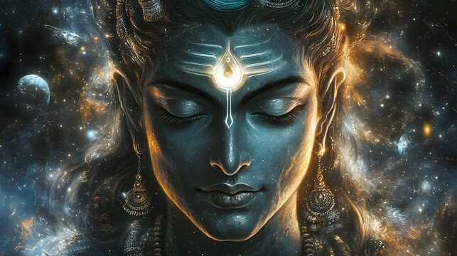 A close-up of Shiva, a Hindu deity, with his eyes closed in meditation against a swirling nebula background.