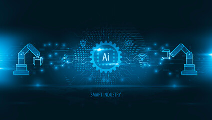 Smart Industry background, Factory robot arm machine Autonomous Ai technology, Industrial revolutions steps, intelligent factory with control over the Internet manufacturing technologies.