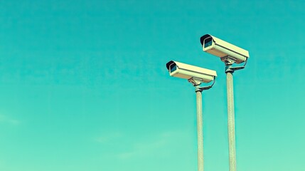 Side view of a pole with two surveillance cameras against a vivid blue sky, illustrating their role in ensuring continuous security and observation.