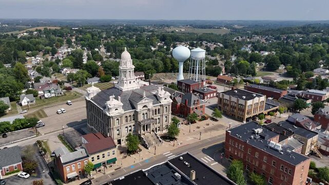 A daytime aerial view of the historic St. Clairsville courthouse on National Road in Belmont County, Ohio.  	