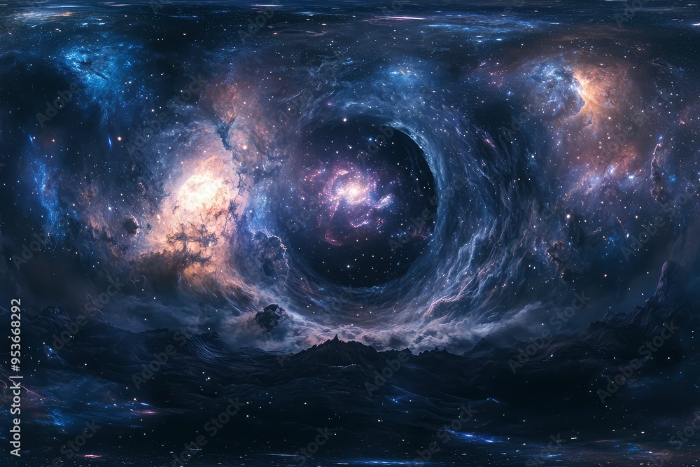 Wall mural 360 degree space background with nebula and stars, equirectangular projection, environment map. hdri