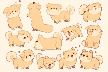 A set of cute cartoon dogs for an adorable atmosphere. Clip art or stickers. Vector illustration