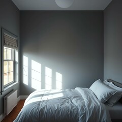 Fototapeta premium interior of a white bedroom with a single bed Infront of a huge window
