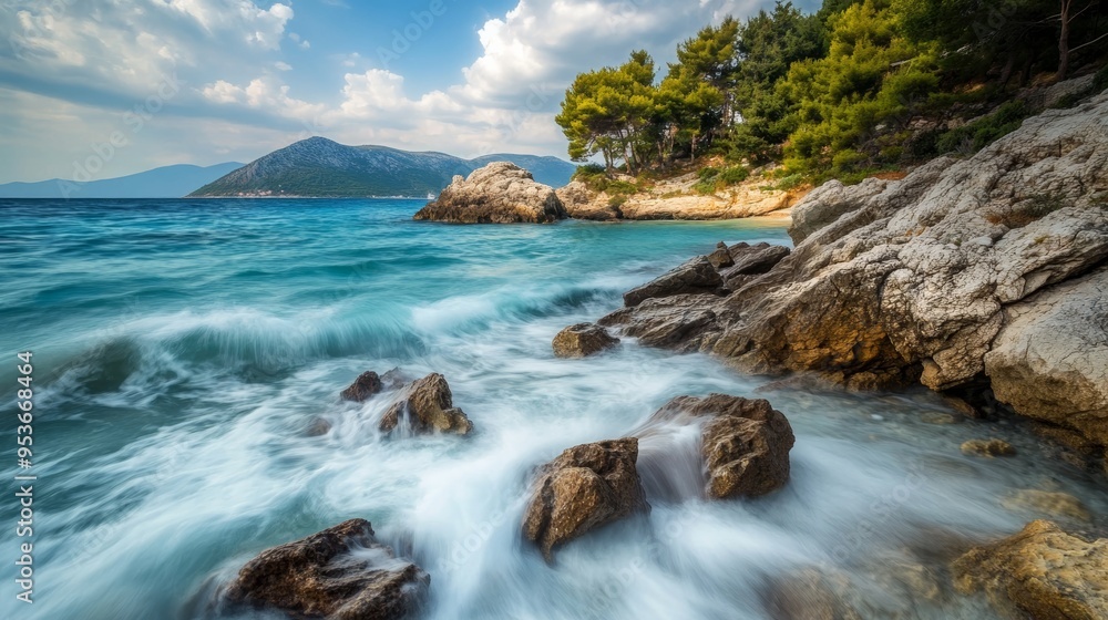 Wall mural aegean shore, thassos, waves, rocks, long exposure