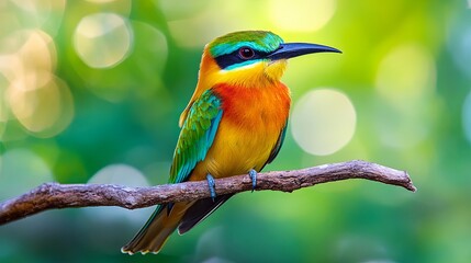 Obraz premium A vibrant green and yellow bird with a long black beak perches on a branch against a blurry green background.