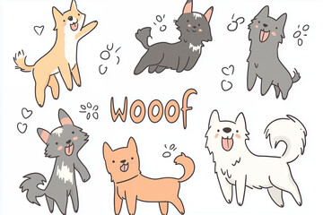 Simple cartoon illustrations of dogs in various poses and expressions