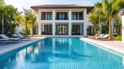 Fototapeta premium Reflective Infinity Pool at a Luxurious Modern Villa with Lush Surroundings