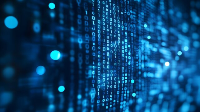 Digital binary code background with a bokeh effect, symbolizing data technology and information exchange in the digital age
