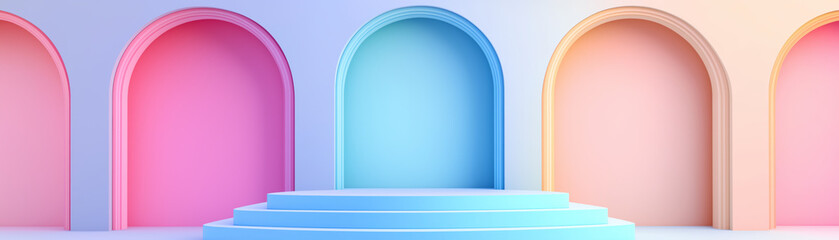 Pastel blue empty circular staired product display podium against backdrop of archways