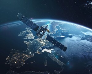 Obraz premium High-tech satellite in Earth orbit focused on Europe