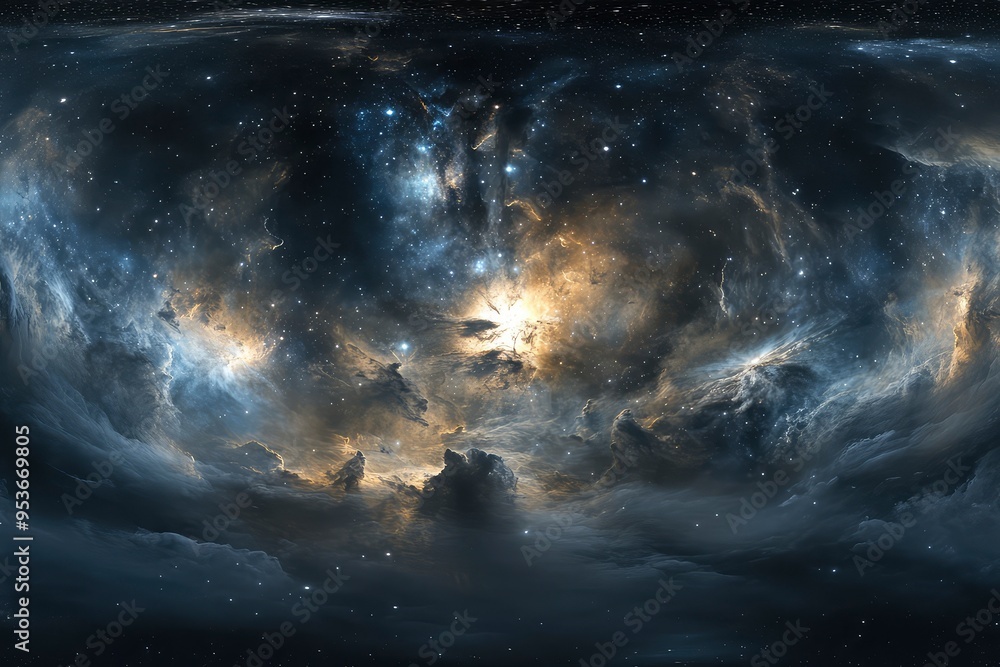 Wall mural 360 degree space background with nebula and stars, equirectangular projection, environment map. hdri