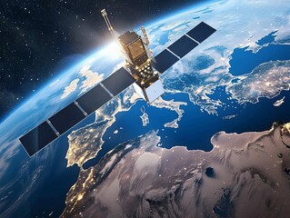 Obraz premium High-tech satellite in orbit focusing on digital enhancements over Europe