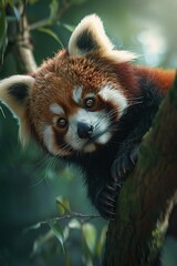 A close-up portrait of a red panda, with its striking reddish-brown fur, white markings, and large, expressive eyes. The animal is perched on a tree branch, its paws gripping the bark. 
