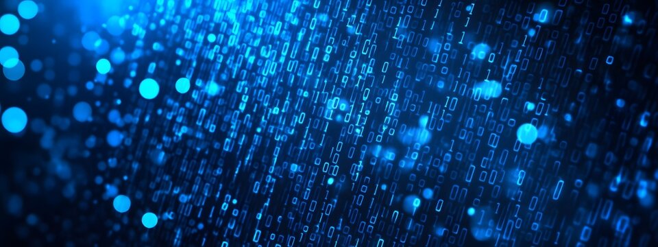 Digital binary code background with a bokeh effect, symbolizing data technology and information exchange in the digital age