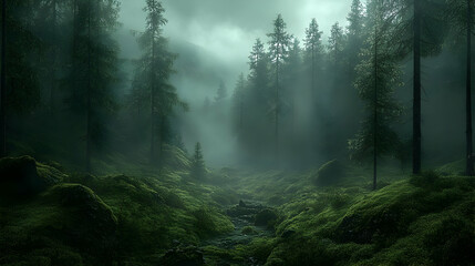 Fototapeta premium A misty forest path winds through tall trees and lush greenery.