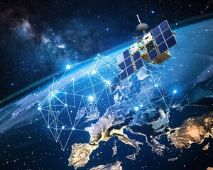 Orbital satellite over Europe shown in a digital collage style