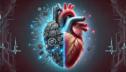 Biomechanical Heart: A heart that is half organic and half mechanical, with glowing circuitry merging with veins and arteries 

