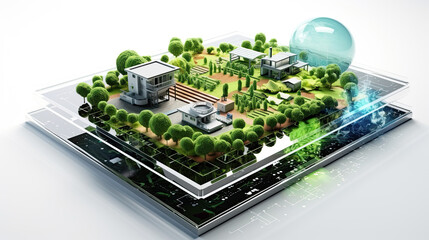Tiny houses surrounded by lush greenery on a smartphone tablet concept