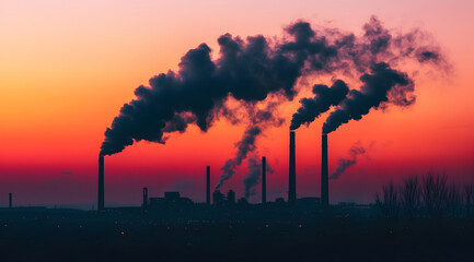 Obraz premium Factories Polluting Sky at Dusk with Smoke Plumes
