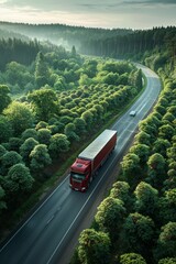 Aerial perspective of sustainable transport  car and hydrogen energy truck on highway through forest