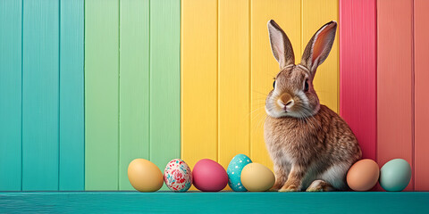 Cute Bunny Sitting on a Blue and Yellow Striped Background