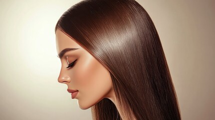 Naklejka premium Studio shot of a beautiful girl with sleek, shiny brown hair, perfectly straight and smooth, exuding health and luxury hair care.
