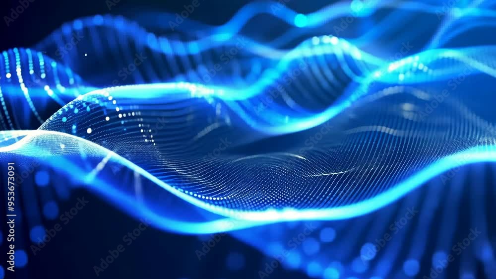 Poster exploring mesmerizing blue wave patterns with glowing dots and dynamic movement in a digital landsca
