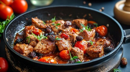 Pork stew w/ tomatoes & raisins in pan