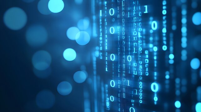 Digital binary code background with a bokeh effect, symbolizing data technology and information exchange in the digital age